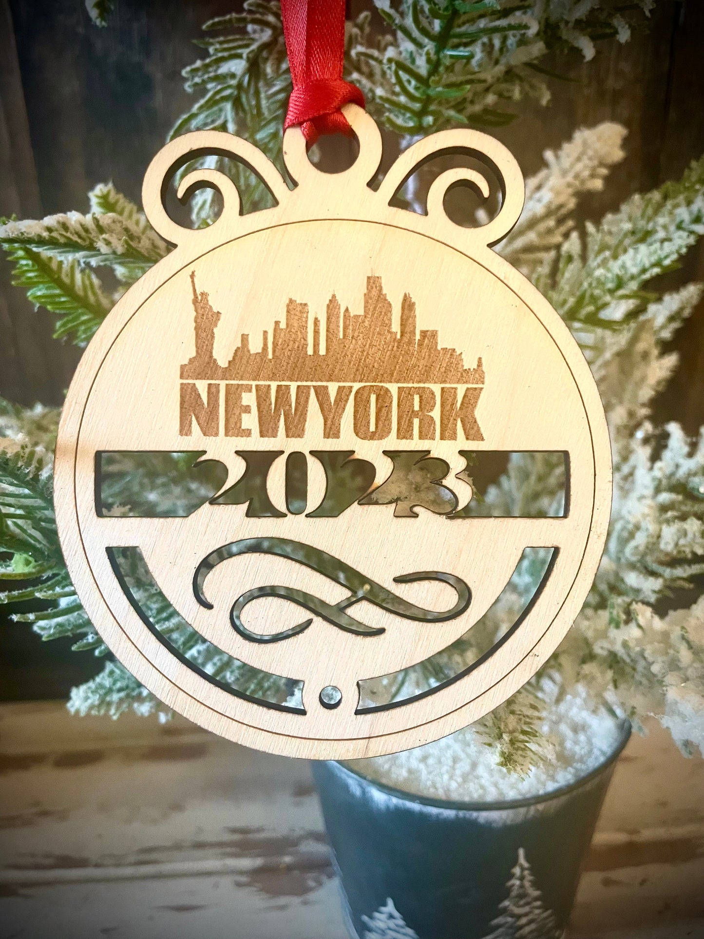 New York City Skyline Wood Ornament | Choice of Year | 4" x 4.75" | Travel Souvenir Gift