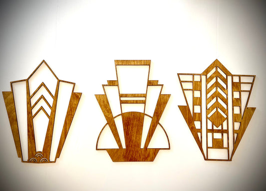Boho Modern Art Deco Marquees wood wall art, 3 panel set in multiple sizes and finishes