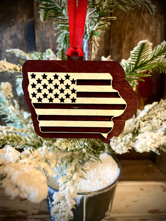 Iowa US Flag Wood Ornament & Gift Tag | 12 Finishes | Patriotic Gift