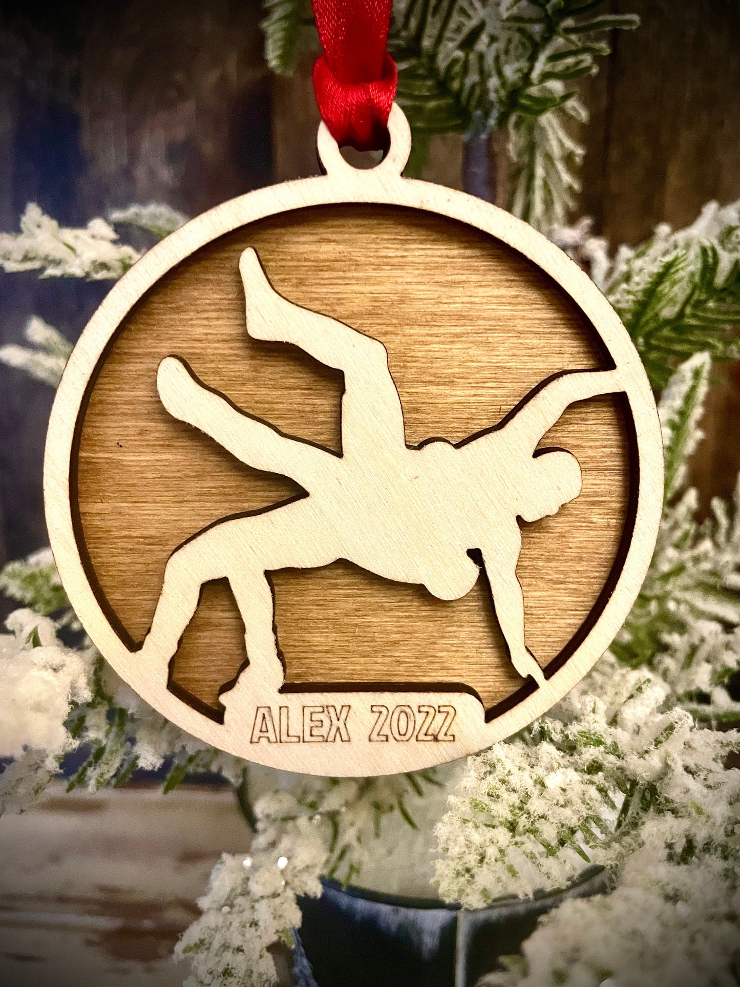 Wrestler Personalized 2-Layer Wood Christmas Ornament & Gift Tag | Multiple Finishes | Wrestling Gift (#1)