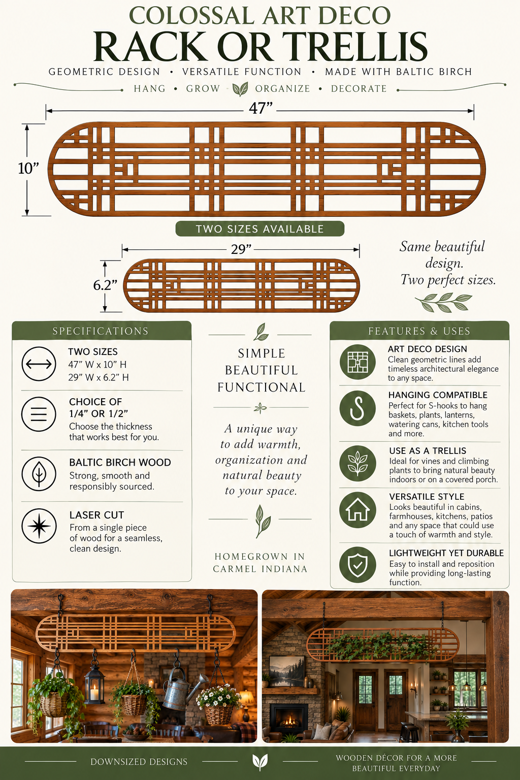 Infographic showing Colossal Art Deco Rack or Trellis in two sizes — 47" and 29" — with specs, features, and lifestyle photos; made from Baltic Birch, laser cut, by Downsized Designs