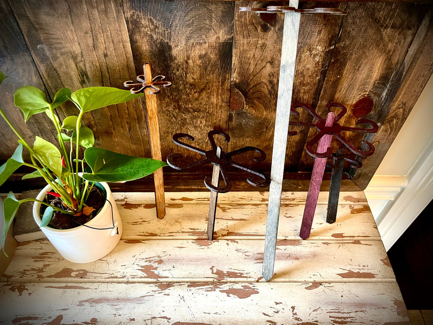 Boho Wood Plant Stem Support with Spike | Philodendron, Alocasia & Monstera | 25 Sizes | 12 Finishes