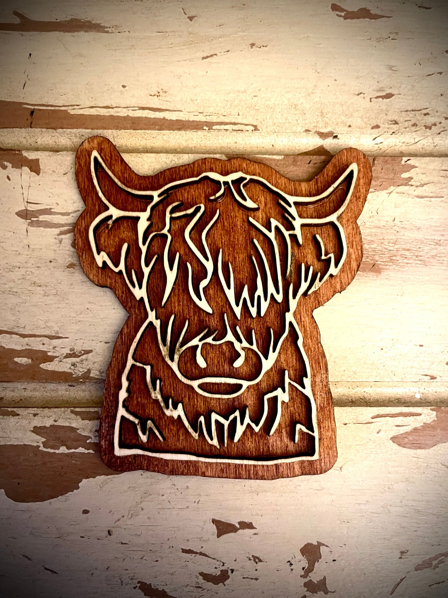 Scottish Highland Cow 2-Layer Wood Refrigerator Magnet | 12 Finishes | Farm Decor Gift