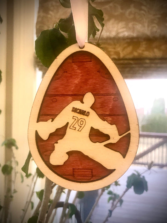 Hockey Goalie Personalized Easter Egg Wood Ornament & Basket Tag | Engraved Name & Number | Hockey Gift