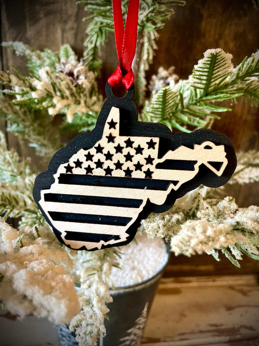 West Virginia US Flag Wood Ornament & Gift Tag | 12 Finishes | Patriotic Gift