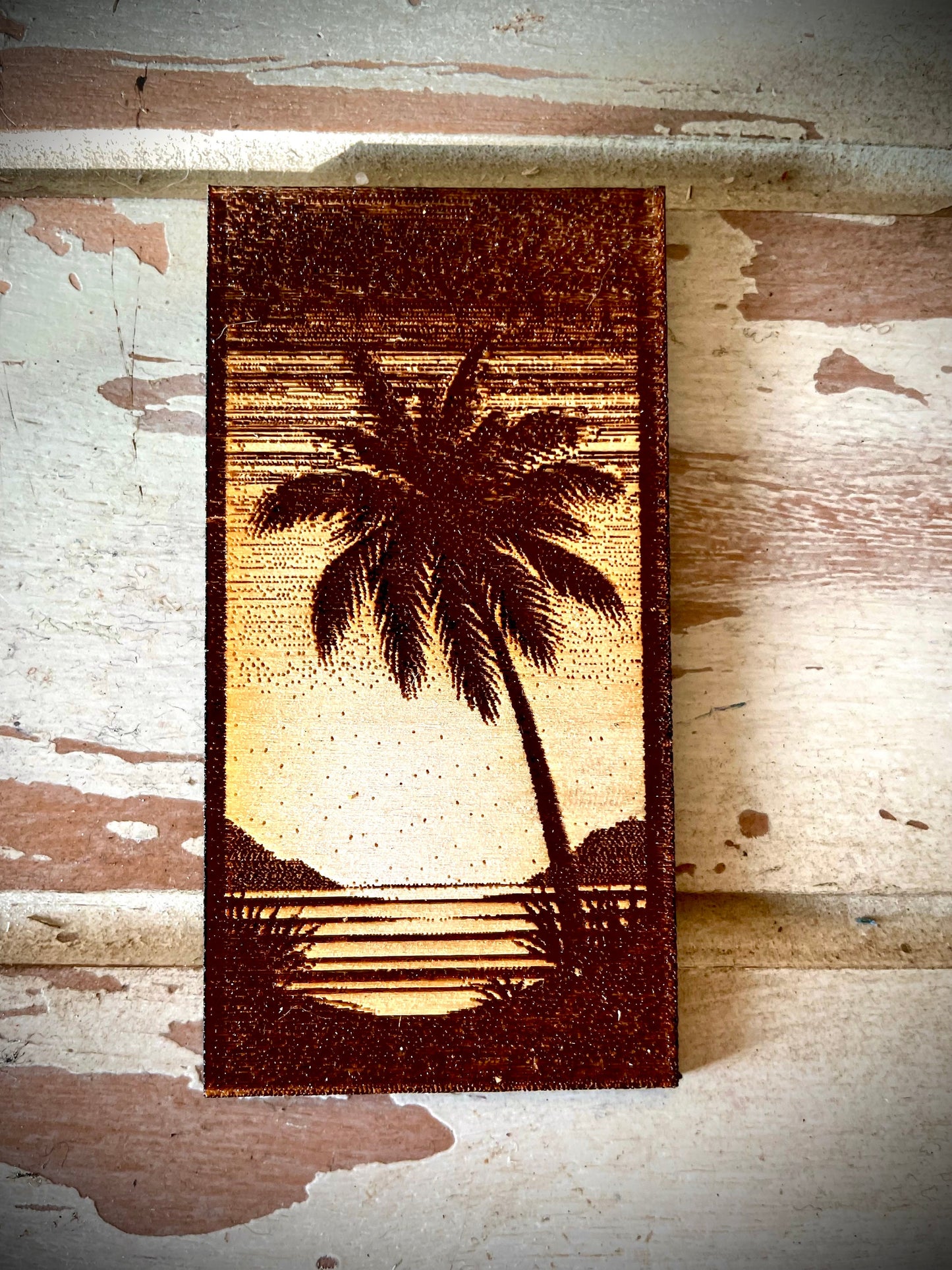 Palm Tree with Water & Mountains Engraved Wood Triptych Magnet Set | 3-Panel Set | Coastal Decor Gift