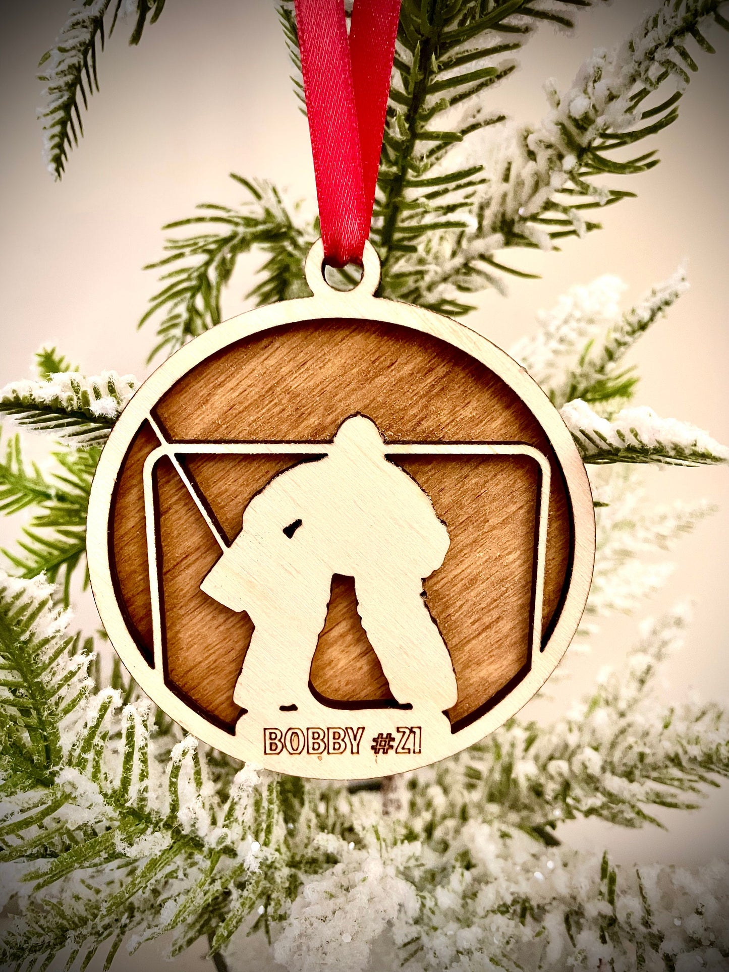 Hockey Goalie Personalized 2-Layer Wood Christmas Ornament & Gift Tag | Multiple Finishes | Hockey Gift (#1)