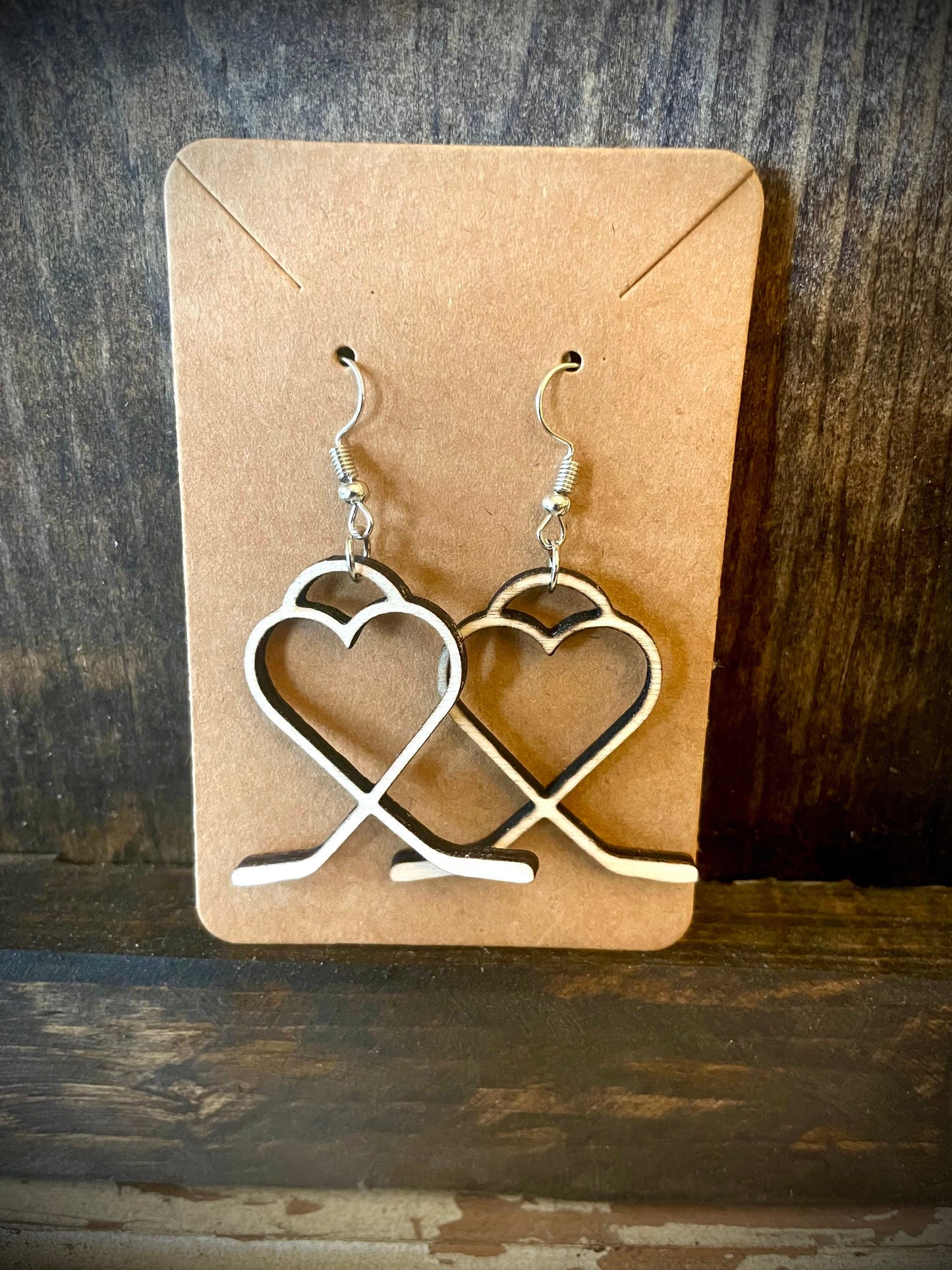 Hockey Stick Heart Wood Earrings | Laser Cut | Hockey Gift for Her
