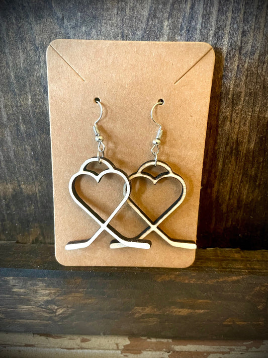Hockey Stick Heart Wood Earrings | Laser Cut | Hockey Gift for Her