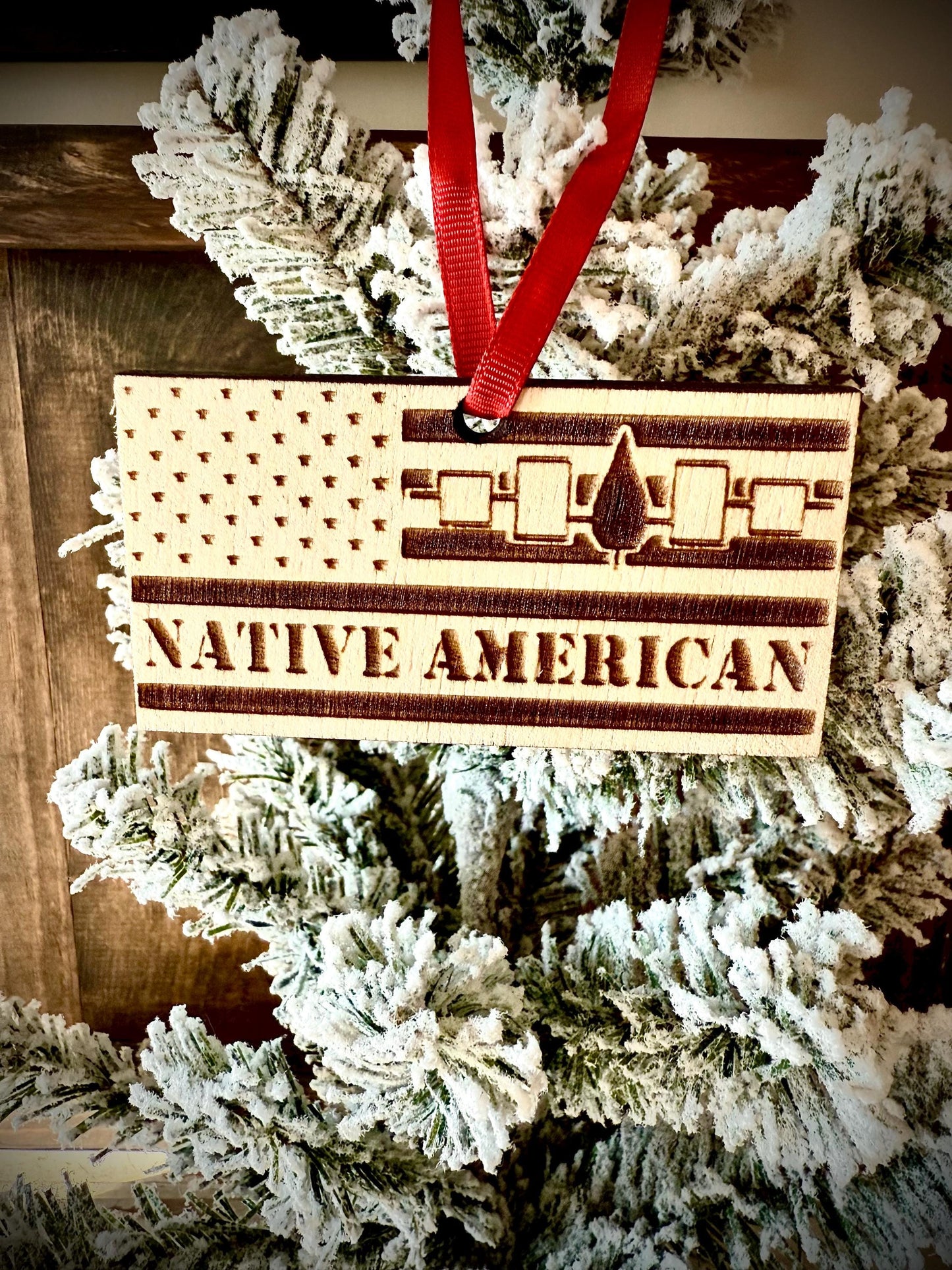 Native American Hiawatha Belt Engraved US Flag Wood Ornament | Patriotic Gift | Cultural Gift