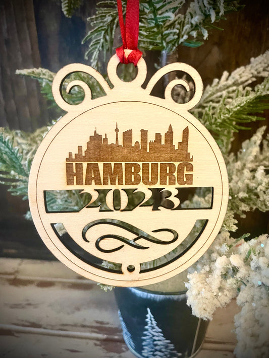 Hamburg Skyline Wood Ornament | Choice of Year | 4" x 4.75" | Travel Souvenir Gift