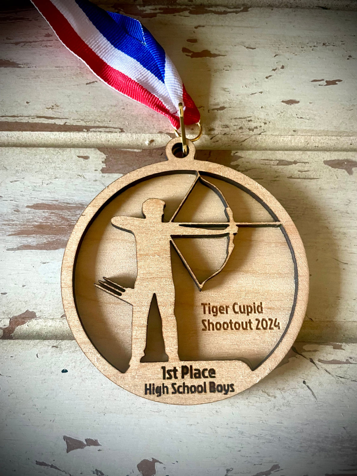 Male & Female Archery Competition Wood Medals | Red, White & Blue Ribbon | Custom Engraving