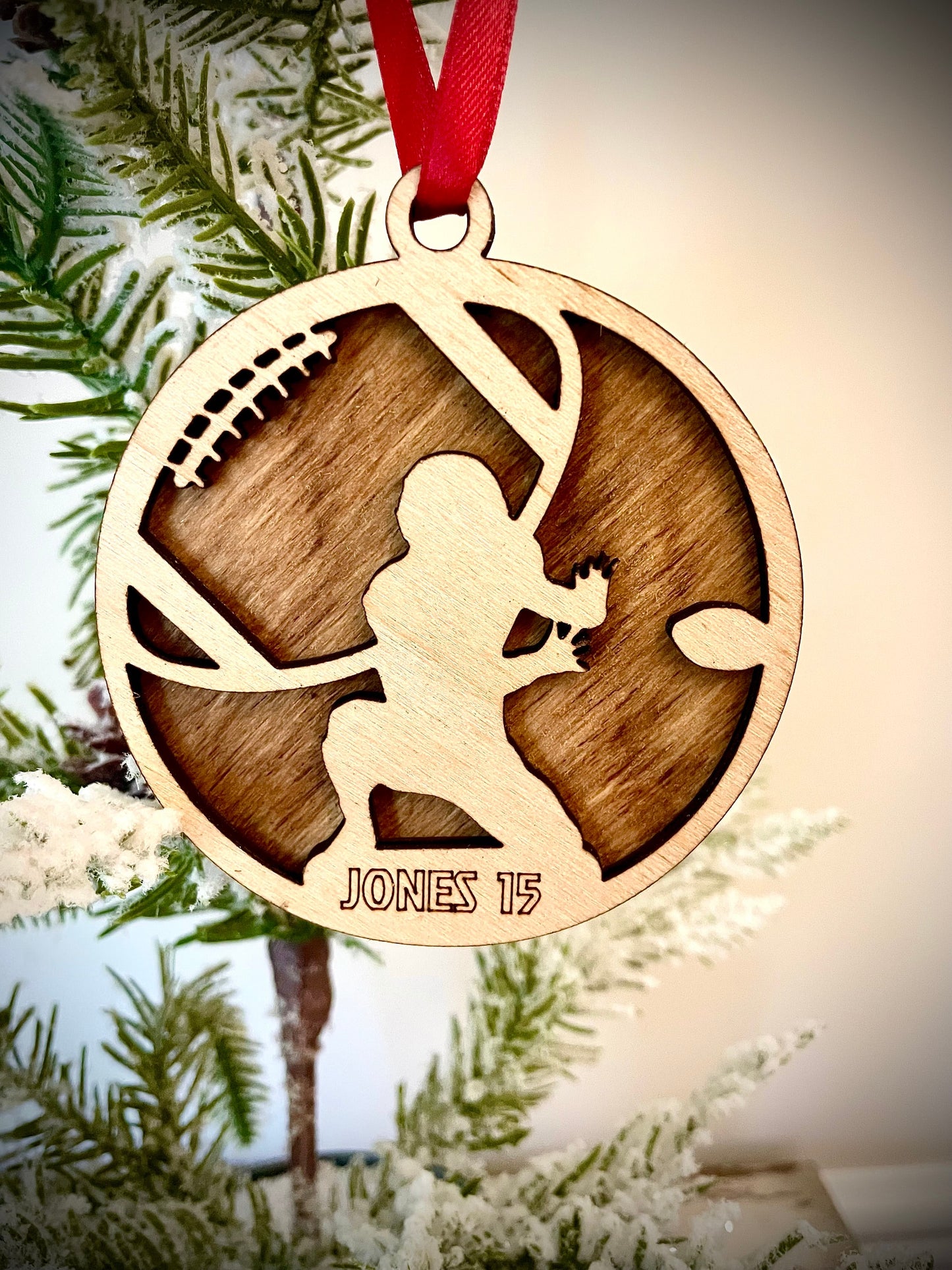 Football player 2-layer personalized laser cut wood Christmas ornament, gift tag available unfinished or stained (version 1 of 16)