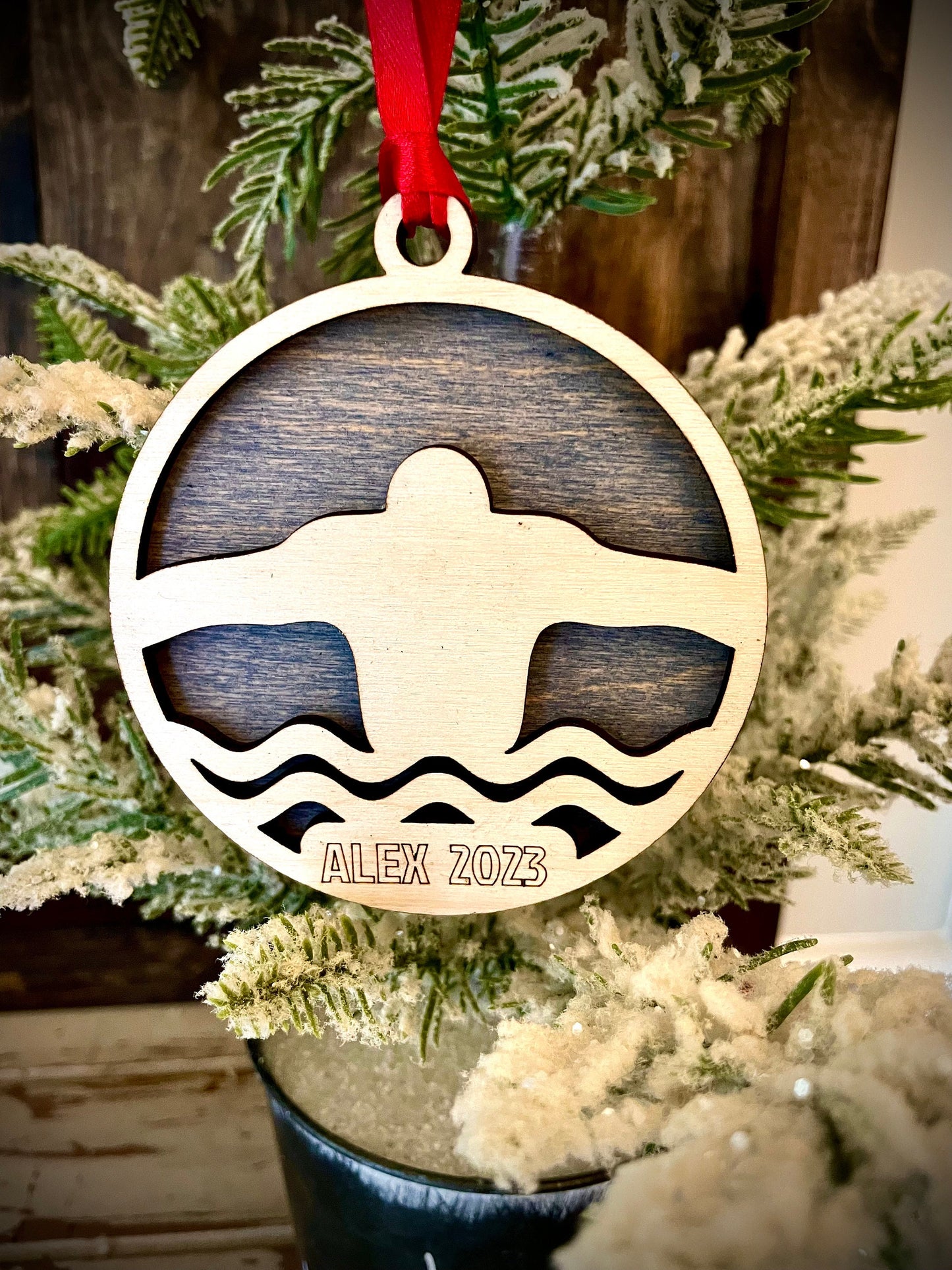 Swimmer Personalized 2-Layer Wood Christmas Ornament & Gift Tag | Multiple Finishes | Swimming Gift (#2)