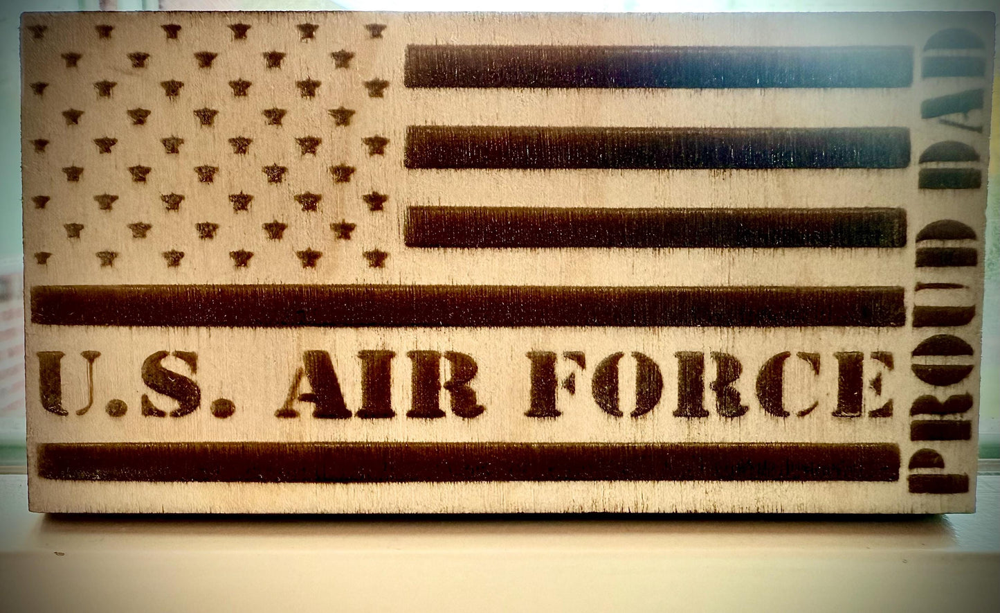 US Air Force Proud Dad Laser Engraved US Flag Wood Refrigerator Magnet | 4" x 2.1" | Military Gift