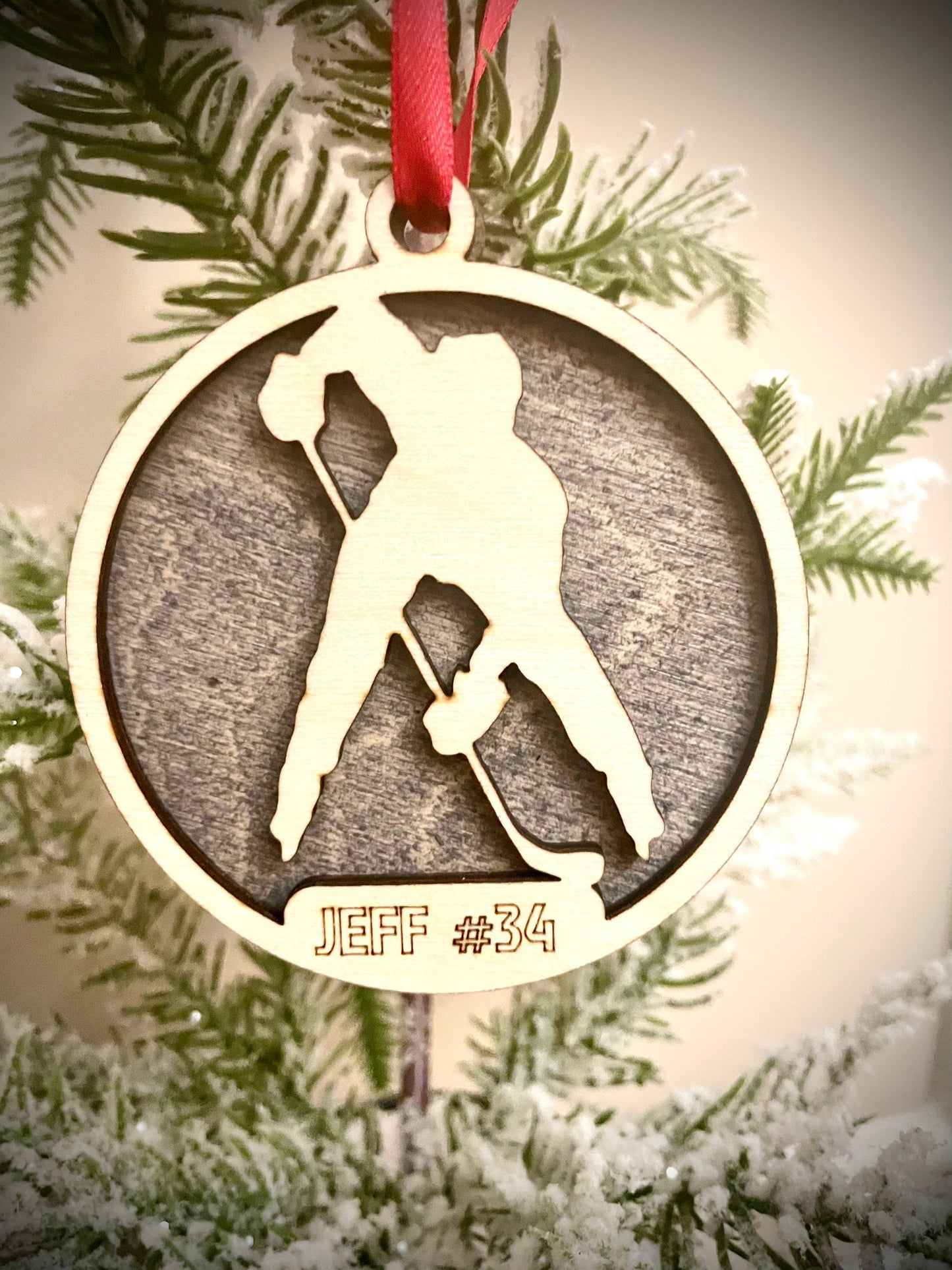 Hockey Player Skater Personalized 2-Layer Wood Christmas Ornament & Gift Tag | Multiple Finishes | Hockey Gift (#8)
