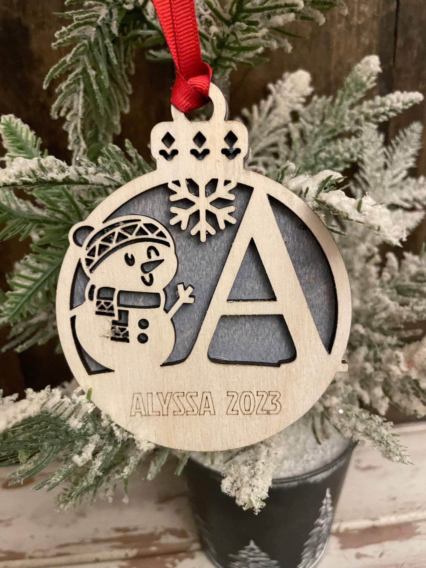 Snowman Monogram Personalized 2-Layer Wood Christmas Ornament & Gift Tag | Multiple Finishes | Holiday Gift