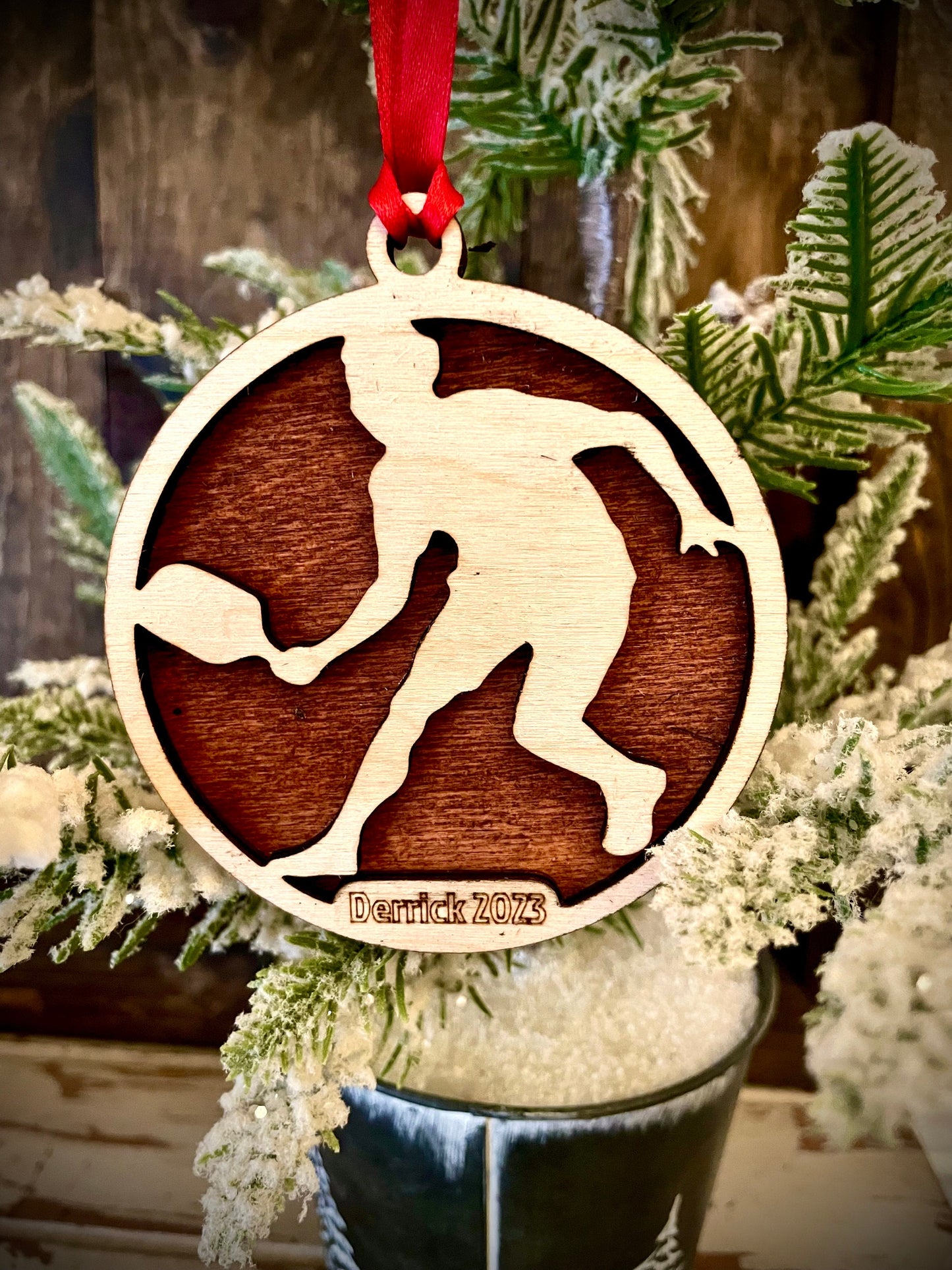 Pickleball player 2-layer personalized laser cut wood Christmas ornament, gift tag available unfinished or stained version 3 of 10