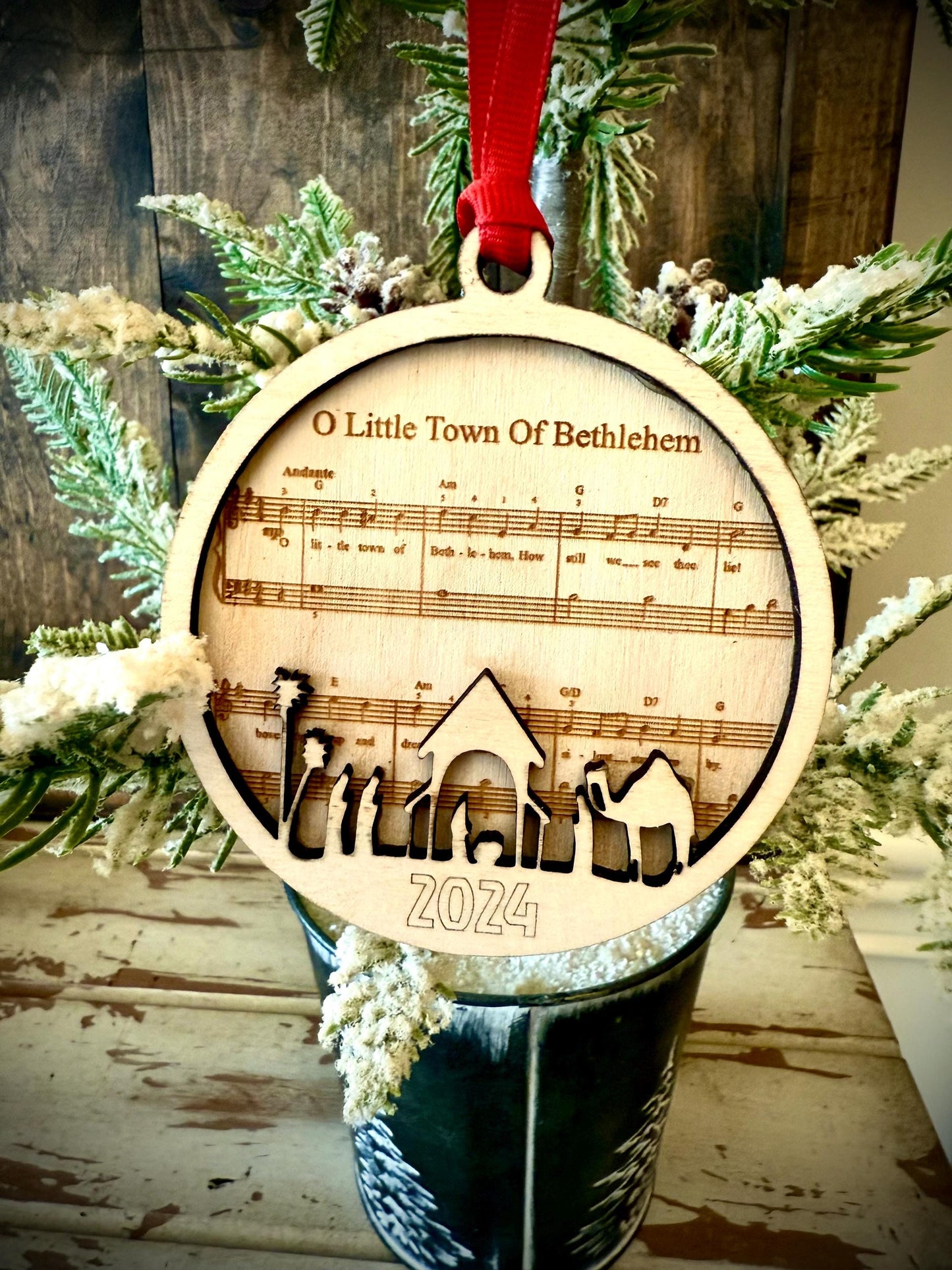 O Little Town of Bethlehem Scene with Sheet Music Personalized 2-Layer Wood Christmas Ornament & Gift Tag | Religious Gift
