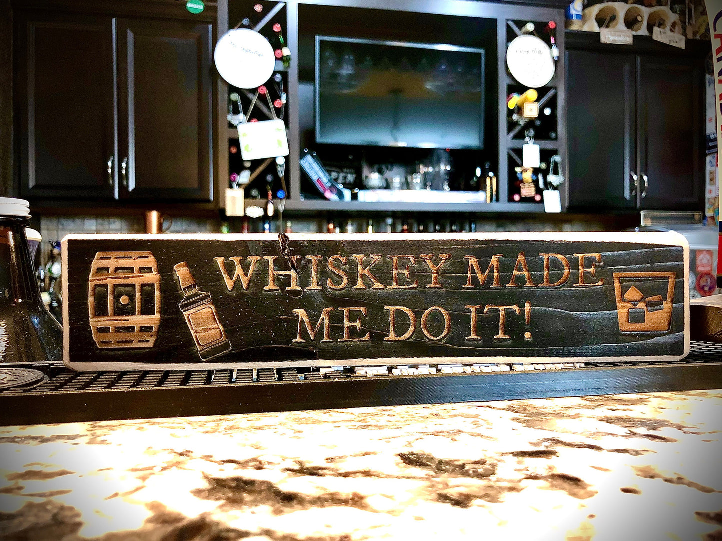 Funny Wood Bar Sign | "Whiskey Made Me Do It" | Bar & Kitchen Decor