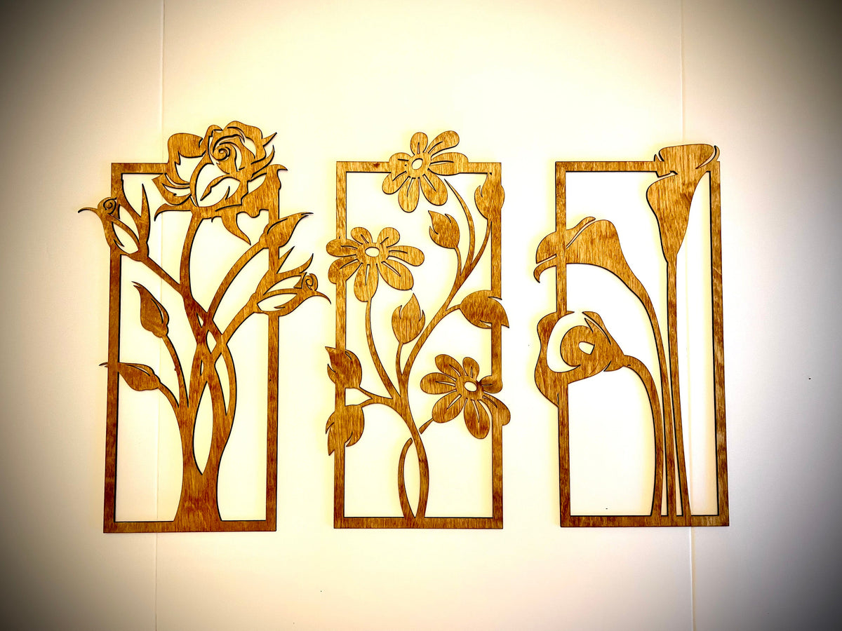 Flower Bouquets Wood Wall Art | 3-Panel Set | Multiple Sizes & Finishes