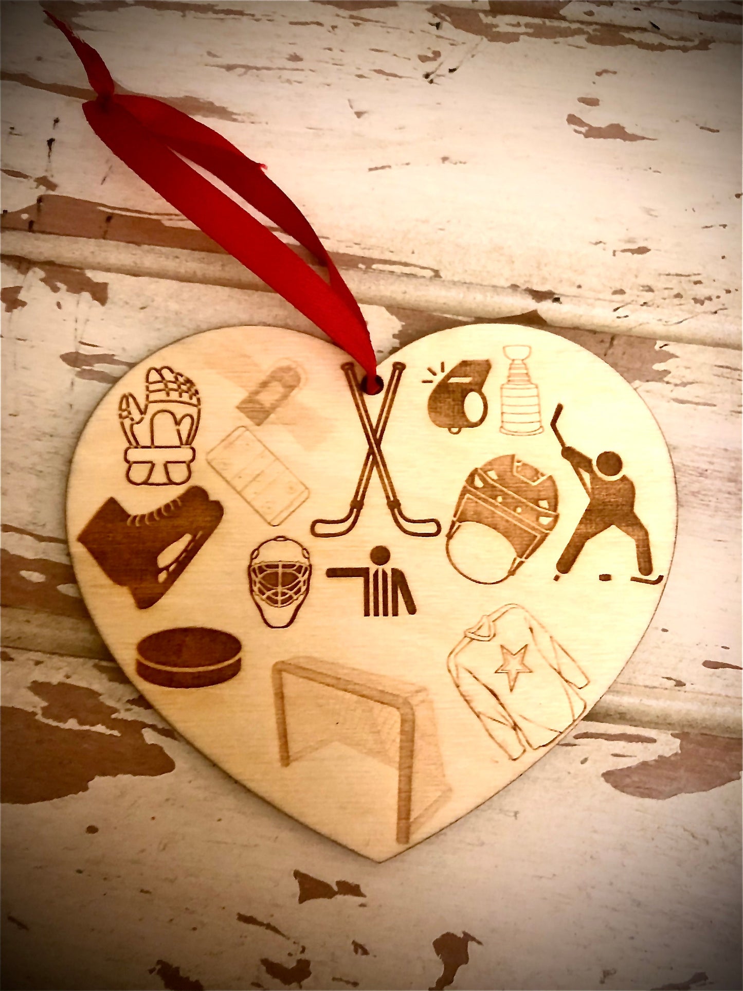 Hockey Valentine Heart Wood Ornament | 14 Hockey Engravings | Valentine's Gift