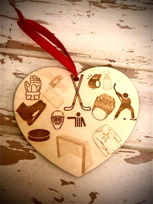 Hockey Valentine Heart Wood Ornament | 14 Hockey Engravings | Valentine's Gift