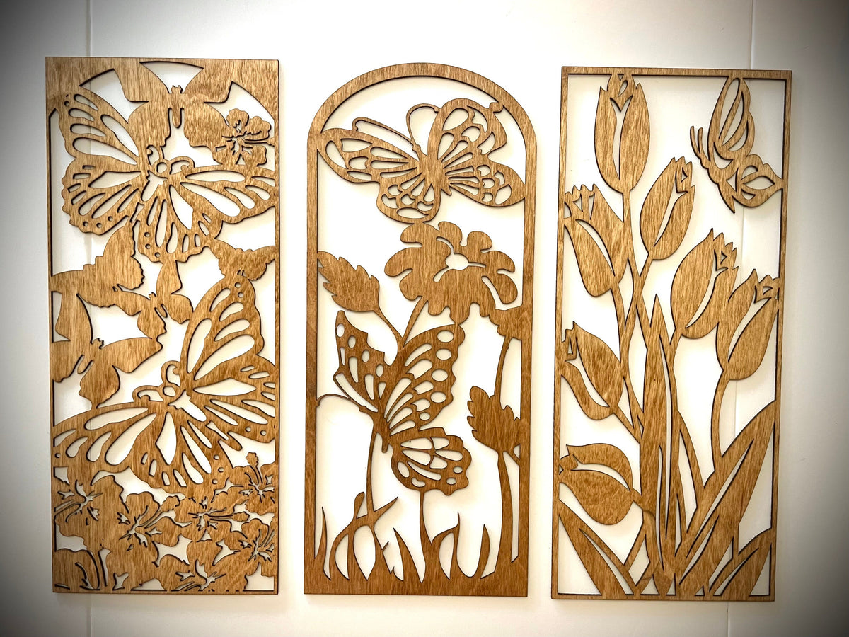 Butterflies & Flowers Wood Wall Art | 3-Panel Set | Multiple Finishes