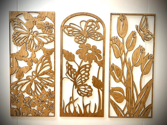 Butterflies & Flowers Wood Wall Art | 3-Panel Set | Multiple Finishes