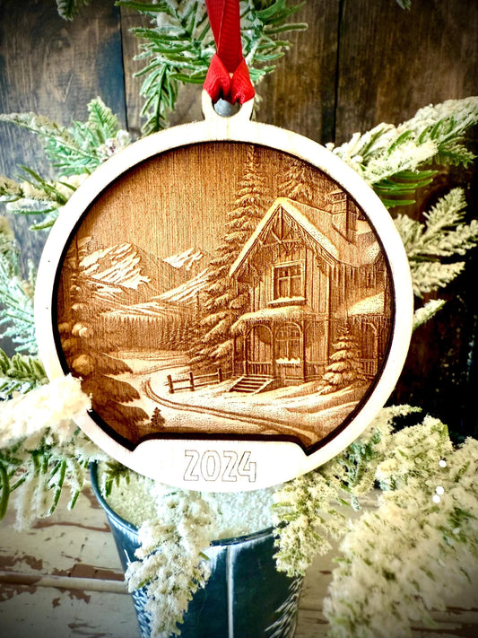Winter Scene 3D Relief Personalized 2-Layer Wood Christmas Ornament & Gift Tag | Holiday Gift