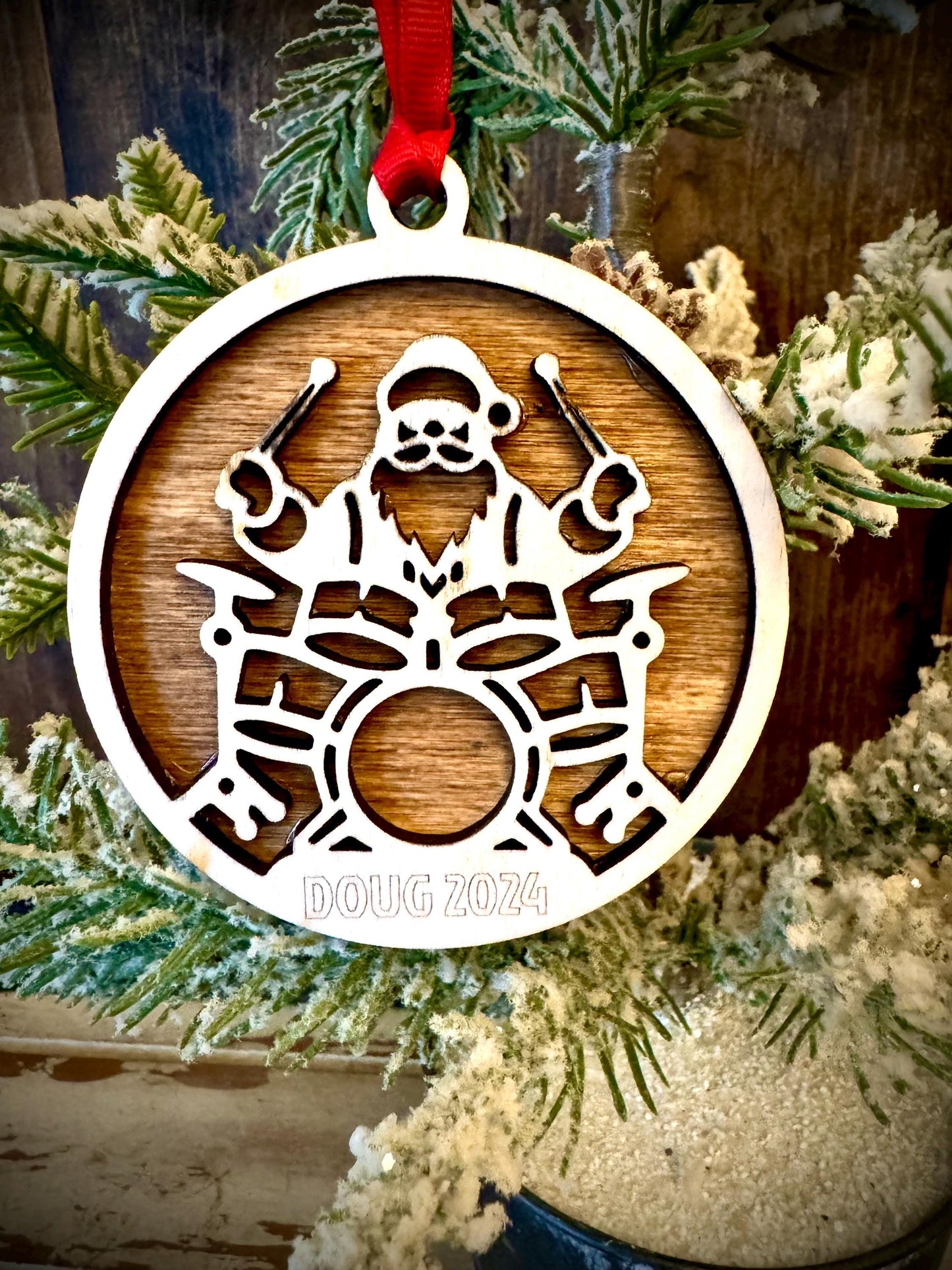 Santa Drummer Drum Set Personalized 2-Layer Wood Christmas Ornament & Gift Tag | Multiple Finishes | Music Gift