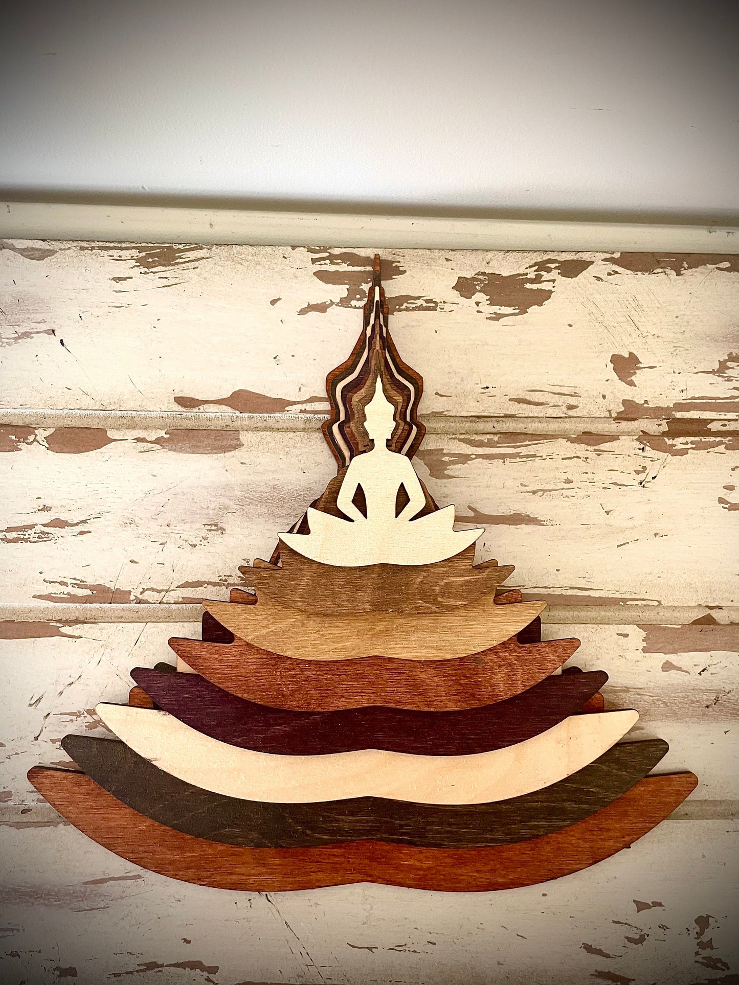 Stacked Lotus Flower Yoga Pose Mandala 3D Wood Table & Wall Art | Brown or Gray Tones | Yoga Gift