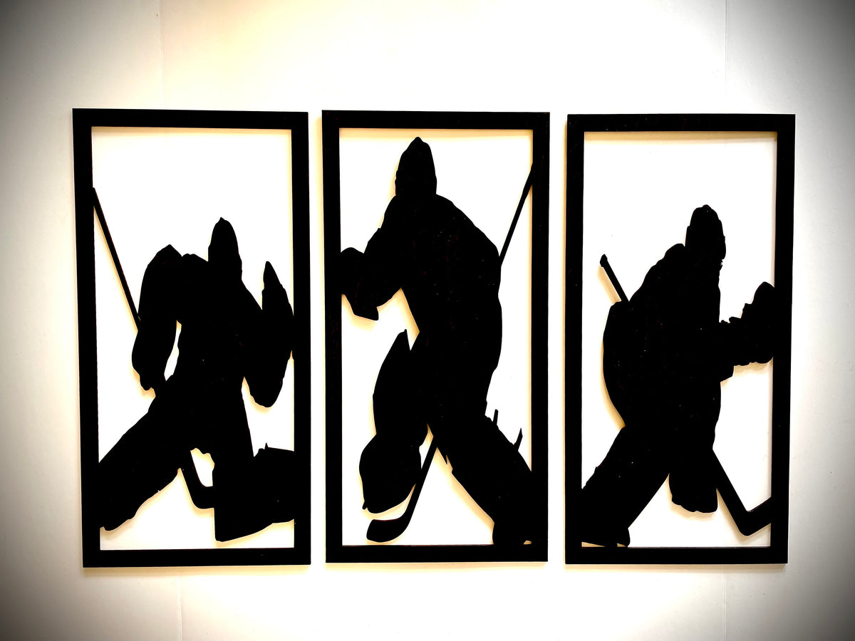Hockey Goalie wood wall art 3-panel set, front view in Black finish