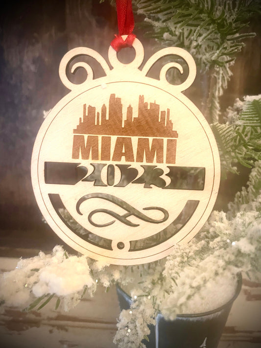 Miami Skyline Wood Ornament | Choice of Year | 4" x 4.75" | Travel Souvenir Gift