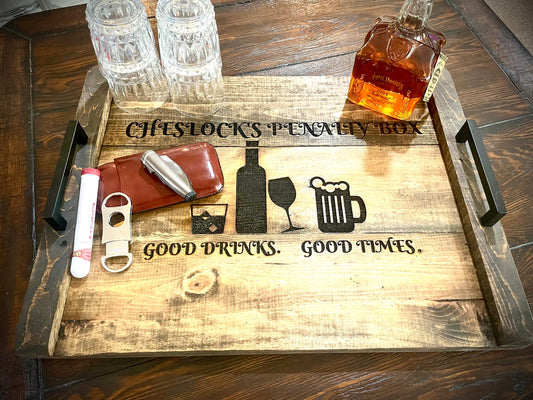 Custom Rustic Distressed Shiplap Whiskey, Bourbon & Bar Tray | Raised Edges, Handles & Optional Engraving