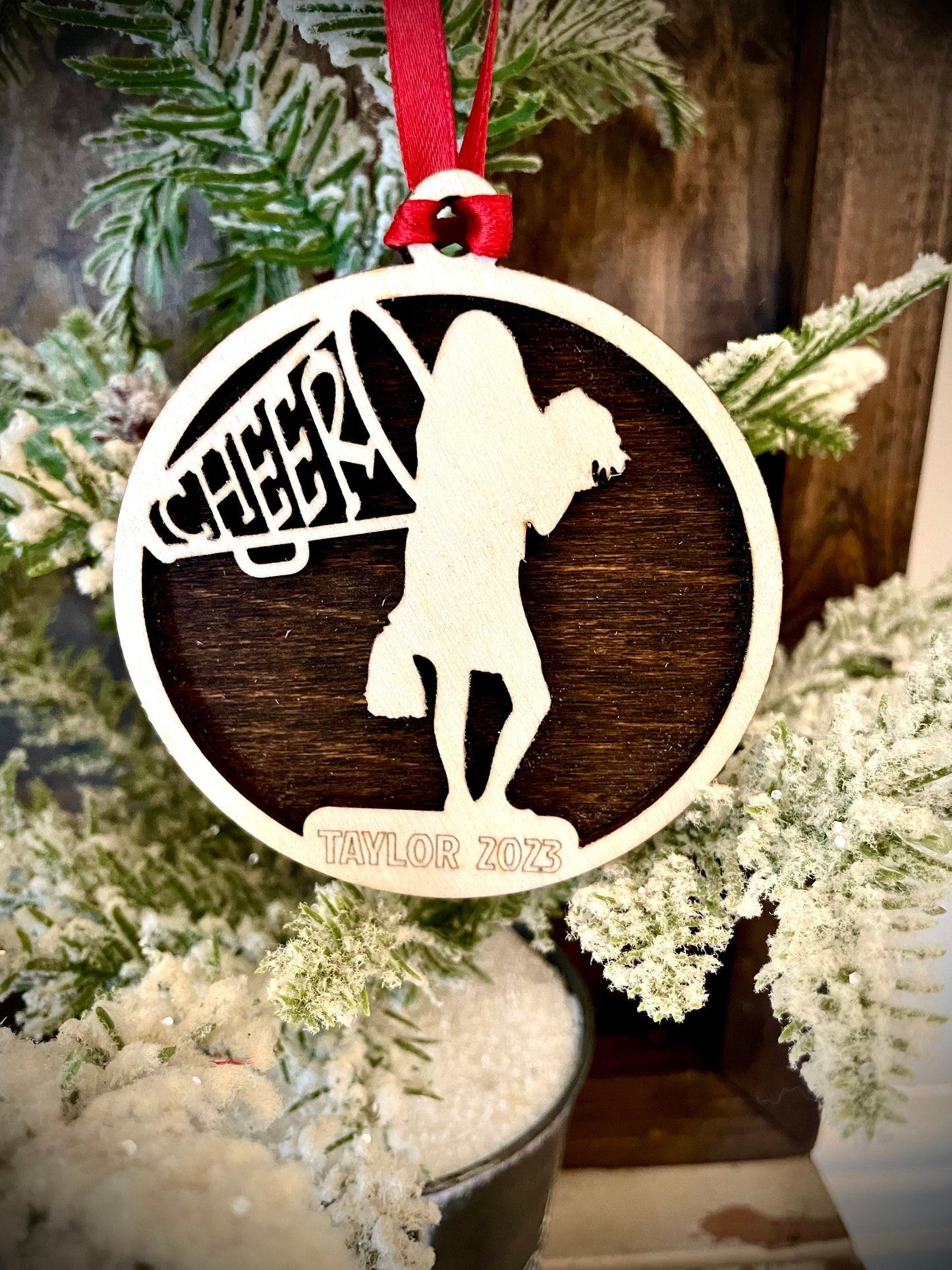 Cheer / Cheerleader 2-layer personalized laser cut wood Christmas ornament, gift tag available unfinished or stained (version 14 of 18)