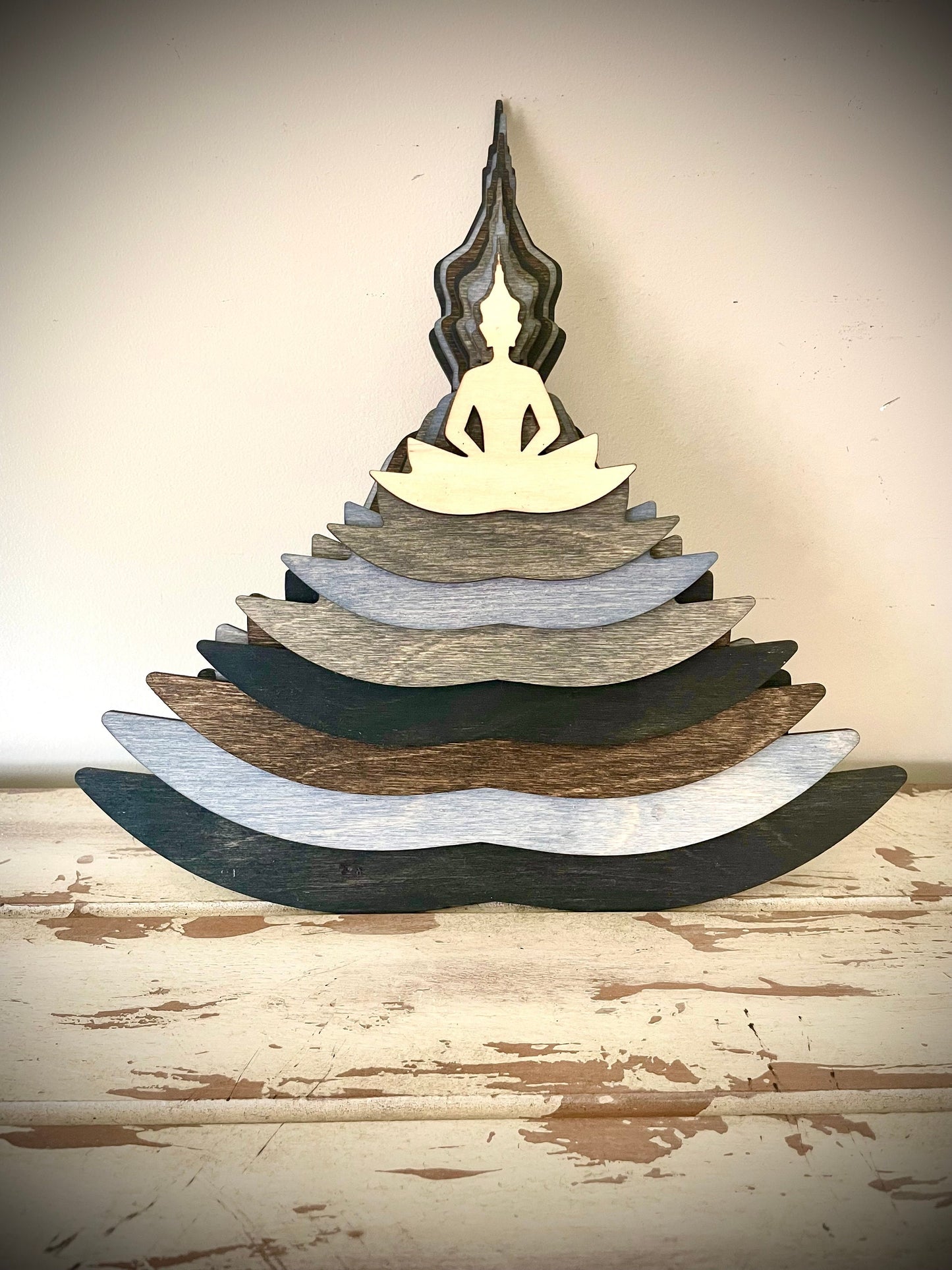 Stacked Lotus Flower Yoga Pose Mandala 3D Wood Table & Wall Art | Brown or Gray Tones | Yoga Gift