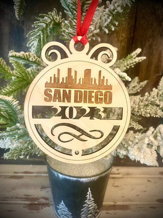 San Diego Skyline Wood Ornament | Choice of Year | 4" x 4.75" | Travel Souvenir Gift