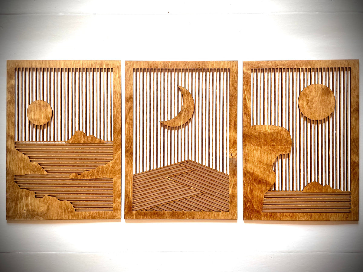 Boho Modern Landscape Sun & Moon wood wall art 3-panel set — front view
