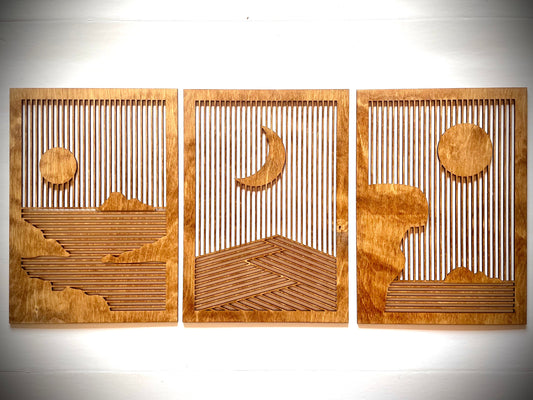 Boho Modern Landscape Sun & Moon wood wall art 3-panel set — front view