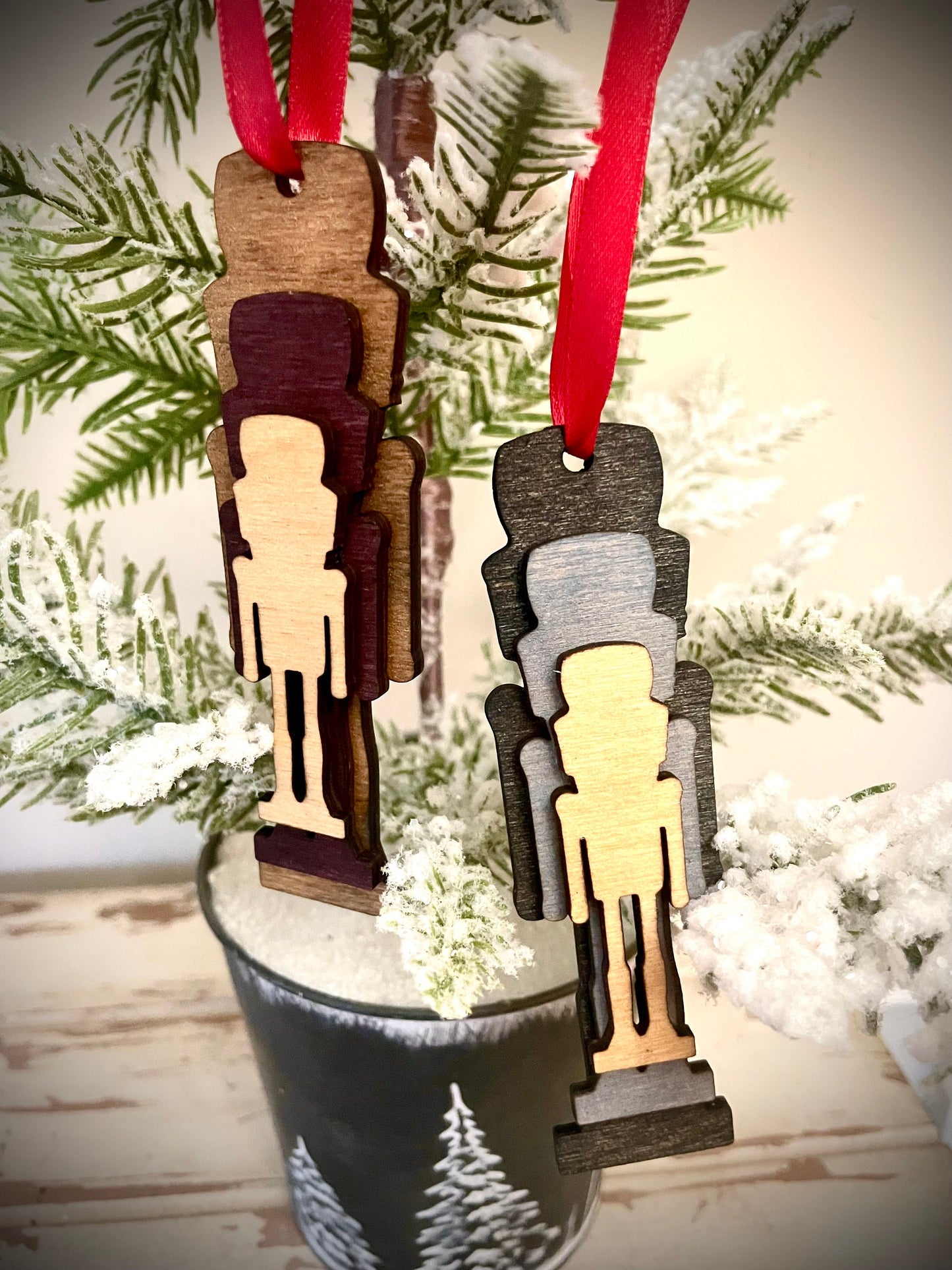 Stacked Nutcracker Wood Ornament & Gift Tag | Brown & Gray Tones | Holiday Gift