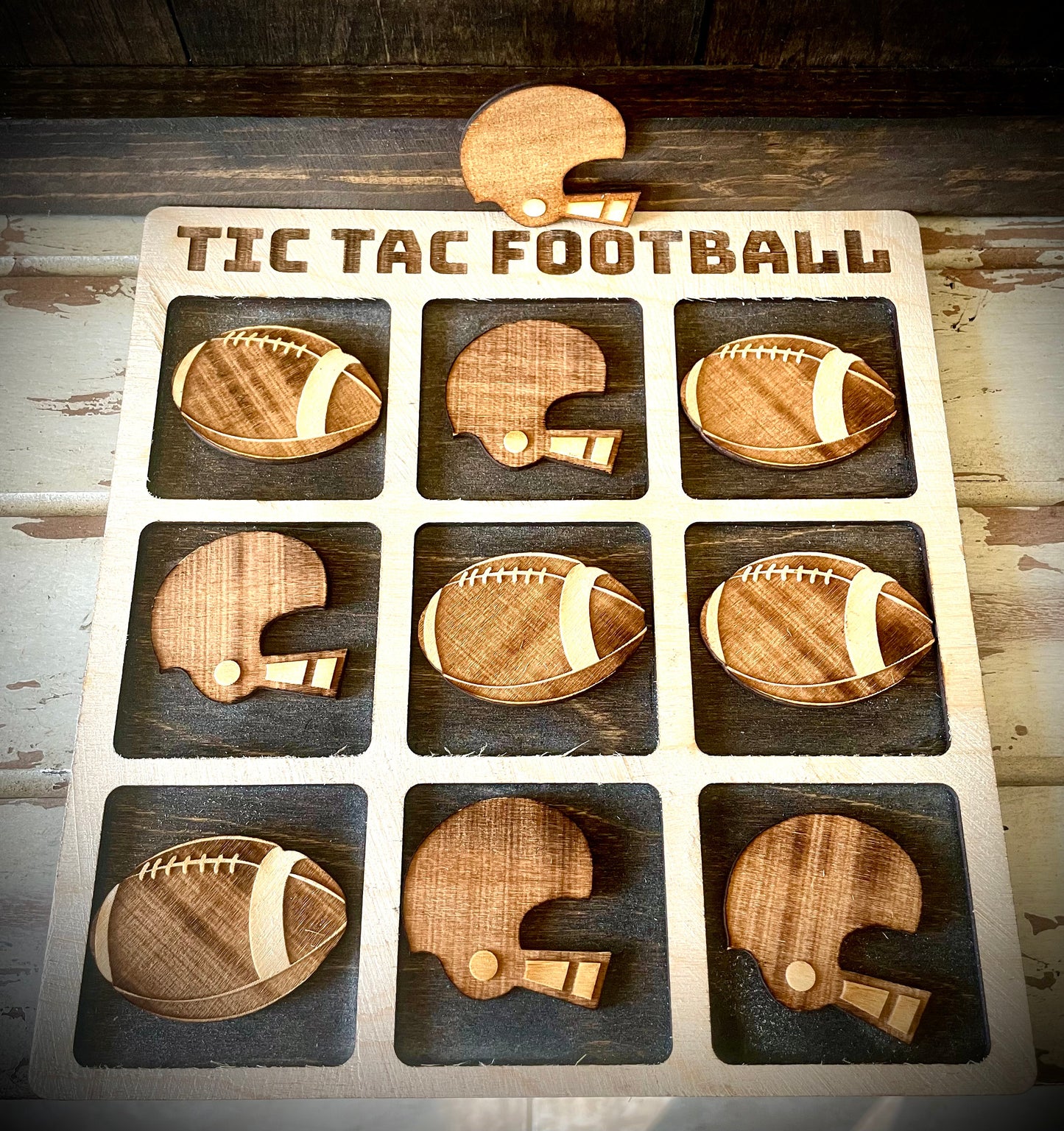 Tic Tac Football Wood Game | Laser Engraved | 12 Finishes | Football Gift