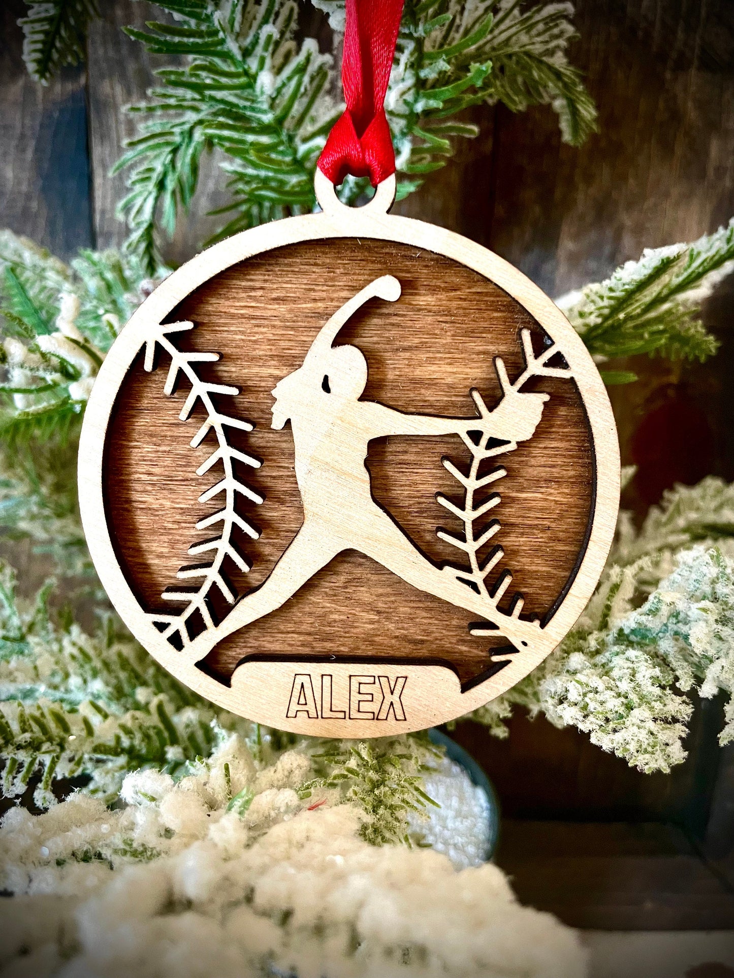 Softball Player Personalized 2-Layer Wood Christmas Ornament & Gift Tag | Multiple Finishes | Softball Gift (#9)