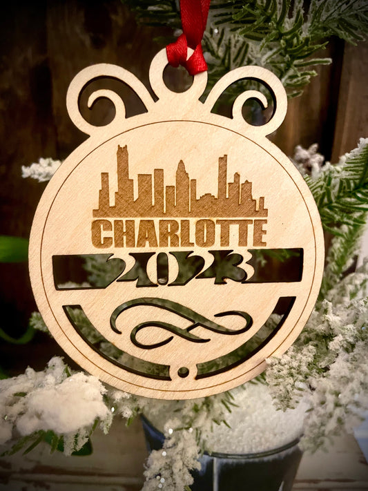 Charlotte Skyline Wood Ornament | Choice of Year | 4" x 4.75" | Travel Souvenir Gift