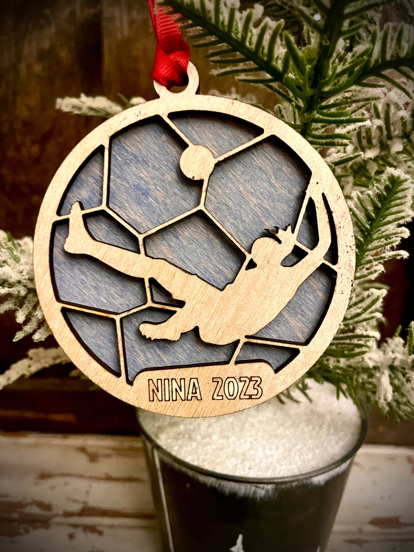 Female Soccer Player Personalized 2-Layer Wood Christmas Ornament & Gift Tag | Multiple Finishes | Soccer Gift (#9)