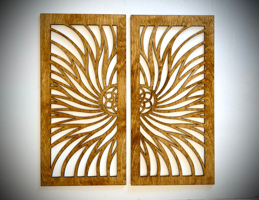 Boho Star Fire Spiral Flower Wood Wall Art | 2-Panel Set | Multiple Sizes & Finishes