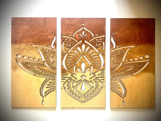Lotus Flower Mandala Wood Wall Art | 3-Panel Set | Ombré, Tri-Color & 12 Other Finishes | Multiple Sizes