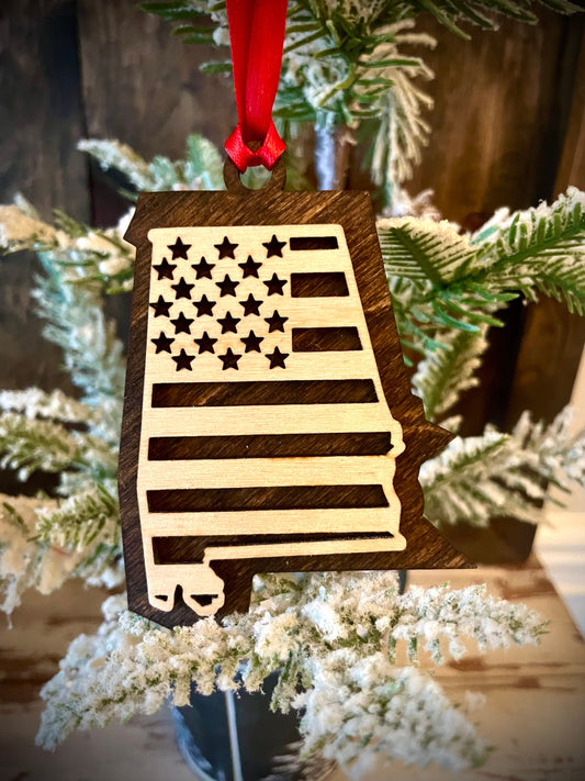 Alabama US Flag Wood Ornament & Gift Tag | 12 Finishes | Patriotic Gift