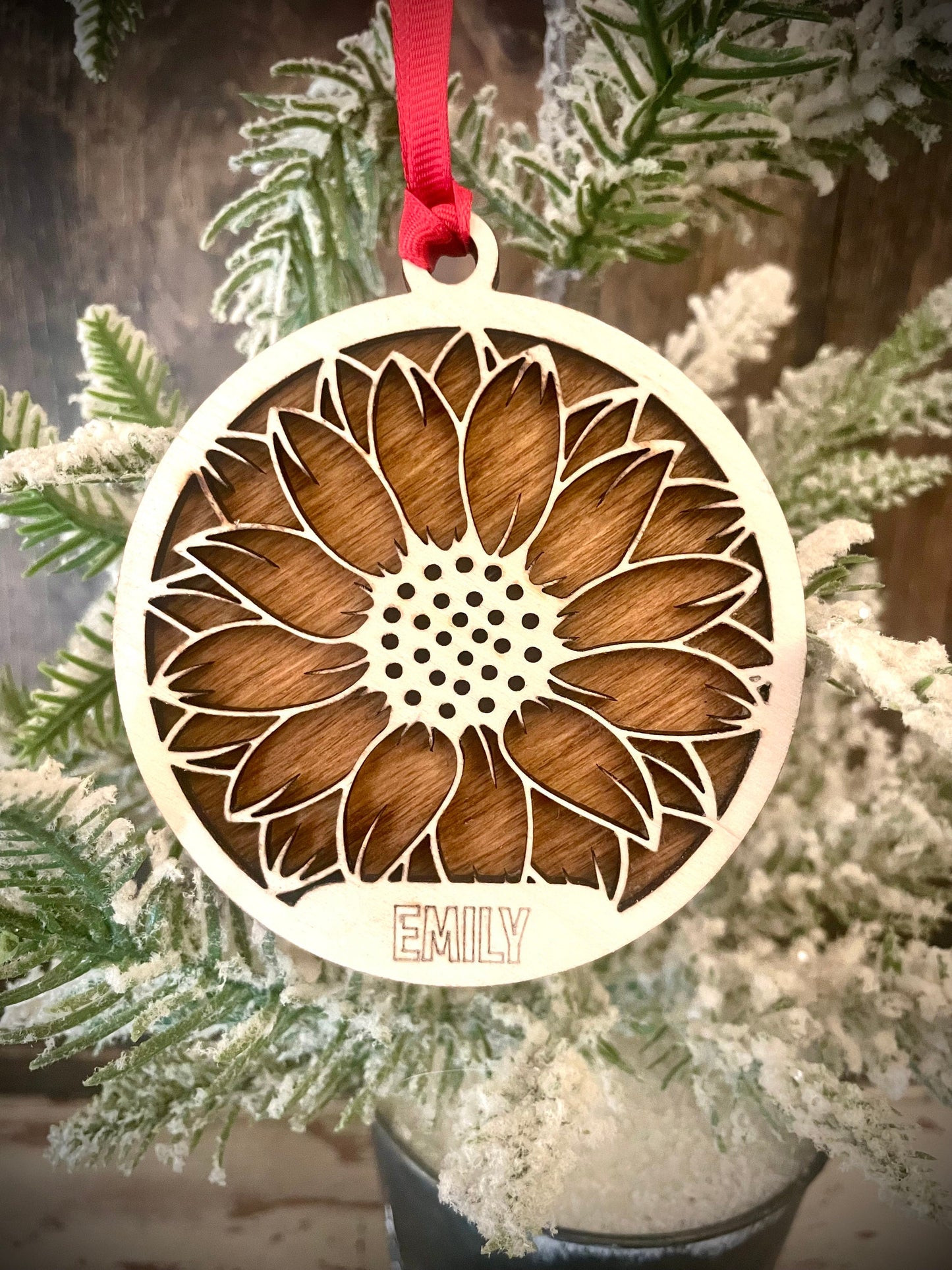 Sunflower Personalized 2-Layer Wood Christmas Ornament & Gift Tag | Multiple Finishes | Nature Gift