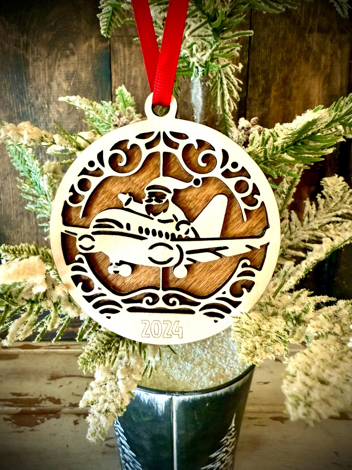 Santa Flying Jet Plane Pilot Personalized 2-Layer Wood Christmas Ornament & Gift Tag | Multiple Finishes | Aviation Gift
